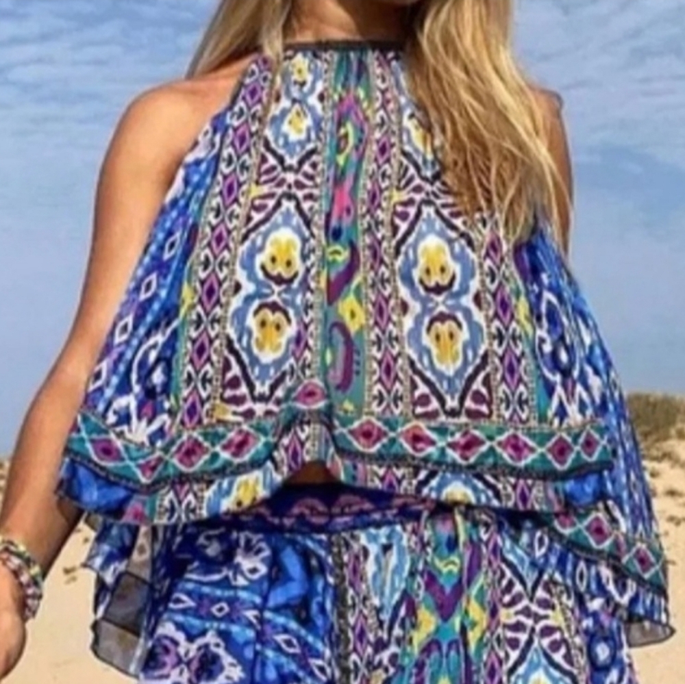 NWT ZARA ASYMMETRICAL TRIBAL MULTI-COLORED TOP